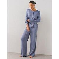 The Very Collection Frill Ribbed Button Through Top And Wide Leg Pyjama Set