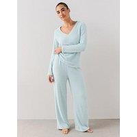 The Very Collection V Neck Knit Soft Touch Top And Wide Leg Pyjama Set - Blue