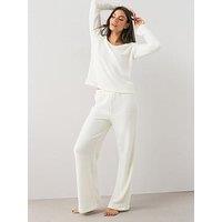 The Very Collection V Neck Knit Soft Touch Top And Wide Leg Pyjama Set - Cream