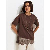 New Look Cotton Scalloped Lace T-Shirt - Dark Brown