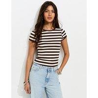 New Look Cotton Rich Striped Contrast Trim Ringer T-Shirt - Brown