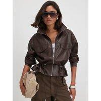 River Island Womens Funnel Neck Drawstring Waist Faux Leather Jacket - Brown