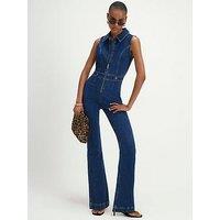River Island Womens Zip Front Stretch Denim Flared Jumpsuit - Blue