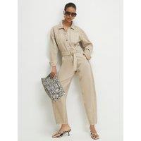 River Island Womens River Island Belted Barrel-Leg Utility Jumpsuit - Beige