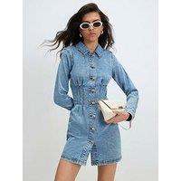 River Island Womens Cinched Waist Button-Through Mini Denim Dress - Blue