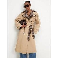 River Island Long Sleeve Check Collar Trench Coat - Beige