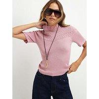 River Island Womens Pointelle Ribbed High Neck Stitch Blouse - Pink
