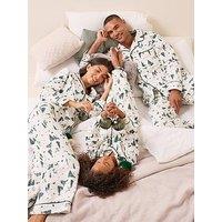 The Very Collection Mens Family Christmas Pyjama Xmas Tree Brushed Woven Revere Set - Cream