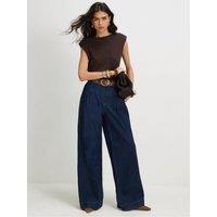 River Island Womens Nutmeg Pleat Belted Wide High Rise Wide Leg Jeans - Blue