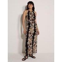 Apricot Maxi Halter Neck Stripe Leaf Dress - Black