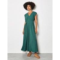 Apricot Wide Leg V-Neck Belted Jumpsuit - Green