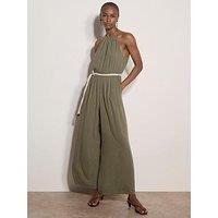 Apricot Halter Neck Rope Belt Jumpsuit - Green