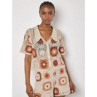 Apricot Crochet Squares Collar Button Thru Top - Cream
