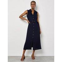 Apricot Sleeveless Belted Linen Mix Shirt Midi Dress - Blue