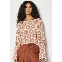 Apricot Crochet Hexagons Bell Sleeve Top - Orange