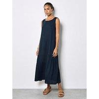 Apricot Linen Mix Pleat Detail Trapeze Midi Dress - Blue