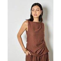 Apricot Side Knot Slash Neck Top - Brown
