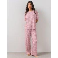 The Very Collection Womens Soft Rib Stripe T-Shirt & Wide Leg Pyjama Set - Pink