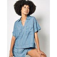 Apricot Slub Open Neck Denim Shirt - Blue