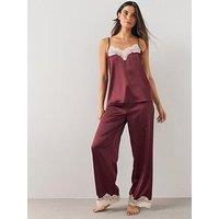 The Very Collection Satin Contrast Lace Cami And Wide Leg Pyjama Set - Burgundy