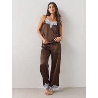 The Very Collection Satin Contrast Lace Cami And Wide Leg Pyjama Set - Brown