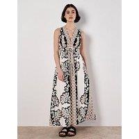 Apricot Mirror Floral Print V-Neck Sleeveless Dress - White