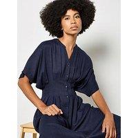 Apricot Pleated Waist Midi Plain Shirt Dress - Blue