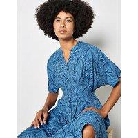 Apricot Pleated Waist Leaf Print Midi Shirt Dress