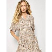 Apricot Pleated Waist Leaf Print Midi Shirt Dress - Cream