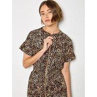 Apricot Zip Front Animal Utility Dress - Brown