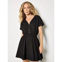 Apricot Zip Detail Shirred Waist Dress - Black