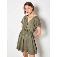Apricot Zip Detail Shirred Waist Dress - Green