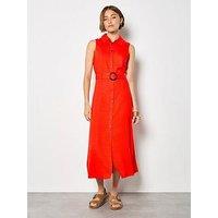 Apricot Linen Blend Shirt Midi Dress - Red