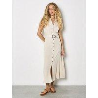 Apricot Linen Blend Shirt Midi Dress - Cream