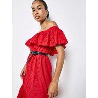Apricot Broderie Bardot Tier Detail Maxi Dress - Red