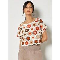 Apricot Hexagon Flowers Crochet Top - Orange