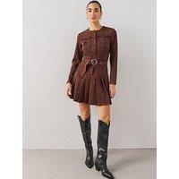 The Very Collection Suedette Pleated Belted Mini Dress - Brown