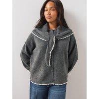 The Very Collection Curve Detachable Scarf Detail Crochet Trim Cardigan - Dark Grey