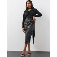 The Very Collection Womens Curve Drape Gold Trim Faux Leather Midi Skirt - Black