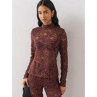 The Very Collection Womens Shoulder Pad High Neck Lace Top - Brown