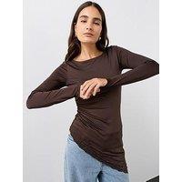 The Very Collection Asymmetric Lace Trim Long Sleeve Top - Brown