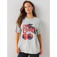 The Very Collection Cherry Graphic Crew Neck Oversized Jersey T-Shirt - Grey