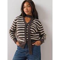 The Very Collection Womens Curve Stripe Scarf Button-Through Cardigan - Brown