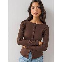 The Very Collection Ribbed Button Through Long Sleeve Top - Brown