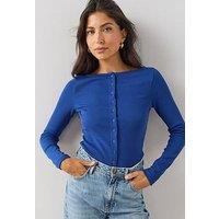 The Very Collection Rib Button Through Long Sleeve Jersey Top - Blue