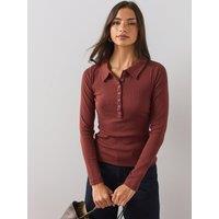The Very Collection Womens Ribbed Long Sleeve Polo Shirt Top - Brown