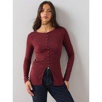 The Very Collection Womens Button-Through Ribbed Long Sleeve Top - Burgundy