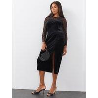 The Very Collection Womens Curve Lace Yoke Velvet Side Split Midi Dress - Black
