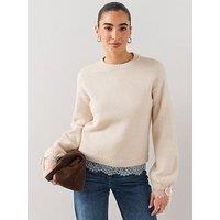 The Very Collection Cosy Yarn Lace Trim Crew Neck Jumper With Wool - Cream