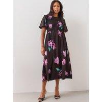 The Very Collection Womens Curve Shirred Flutter Sleeve Midi Dress - Dark Floral